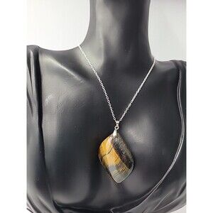 Vintage Blue Tigers Eye Hawks Eye Stone Pendant Necklace‎ Polished Freeform
